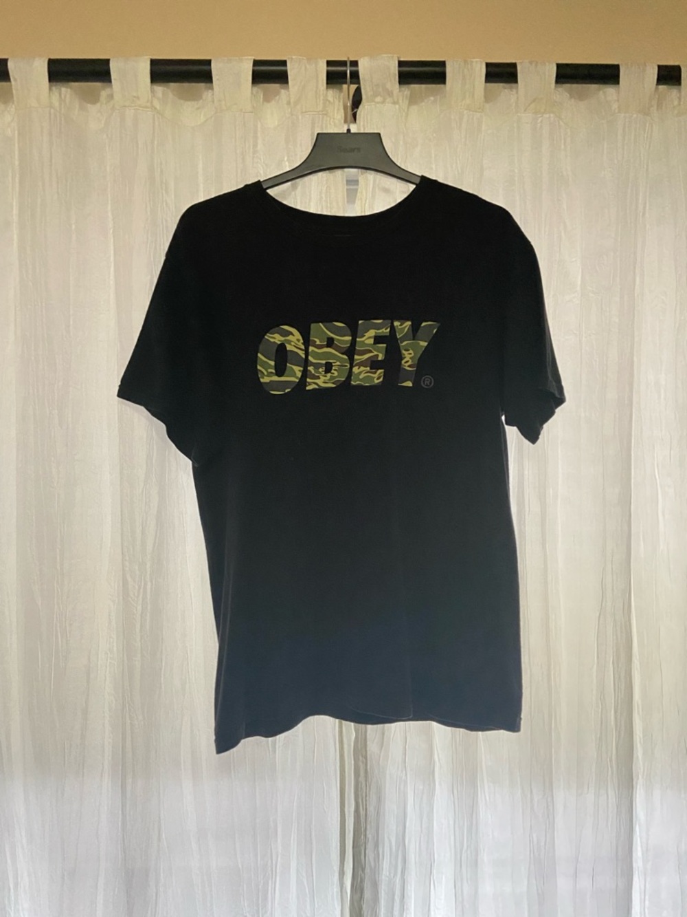 Obey Black T-Shirt with Green Camo Logo